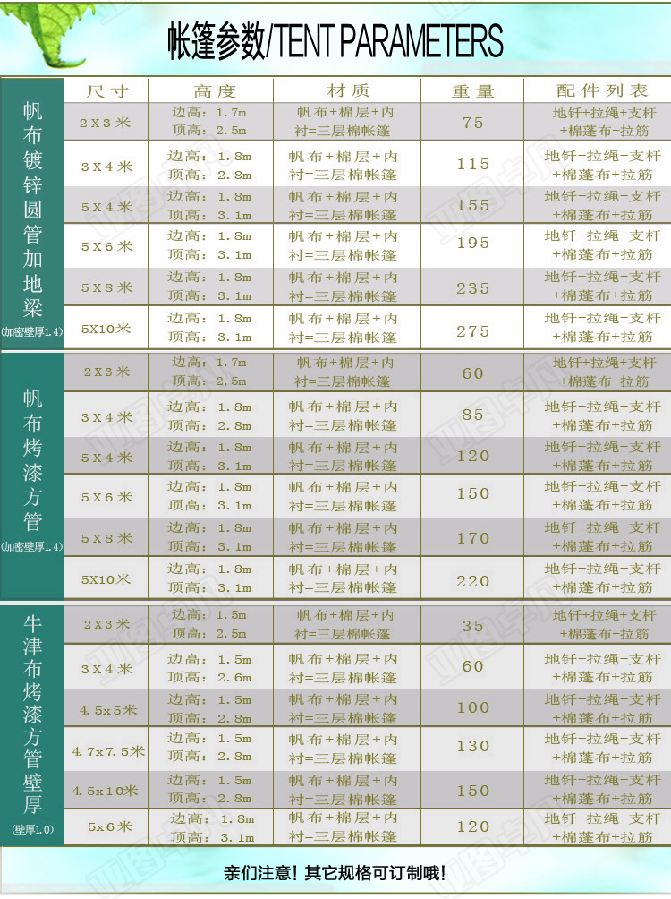 施工帐篷规格介绍